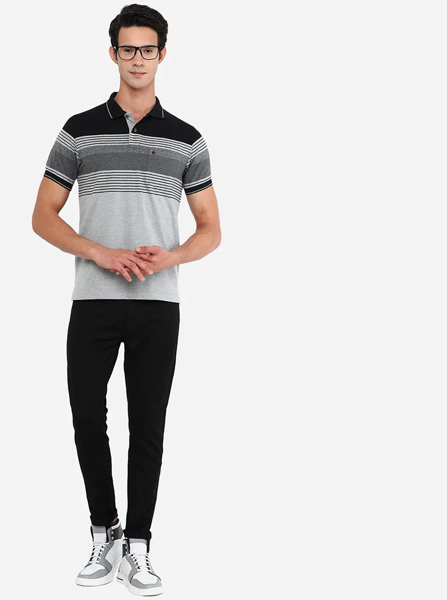 Caster Grey Striped Slim Fit Polo T-Shirt | Greenfibre
