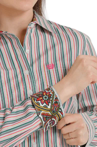 Cinch Women's Green Stripe Button Long Sleeve Western Shirt MSW9164199