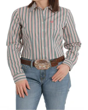 Cinch Women's Green Stripe Button Long Sleeve Western Shirt MSW9164199