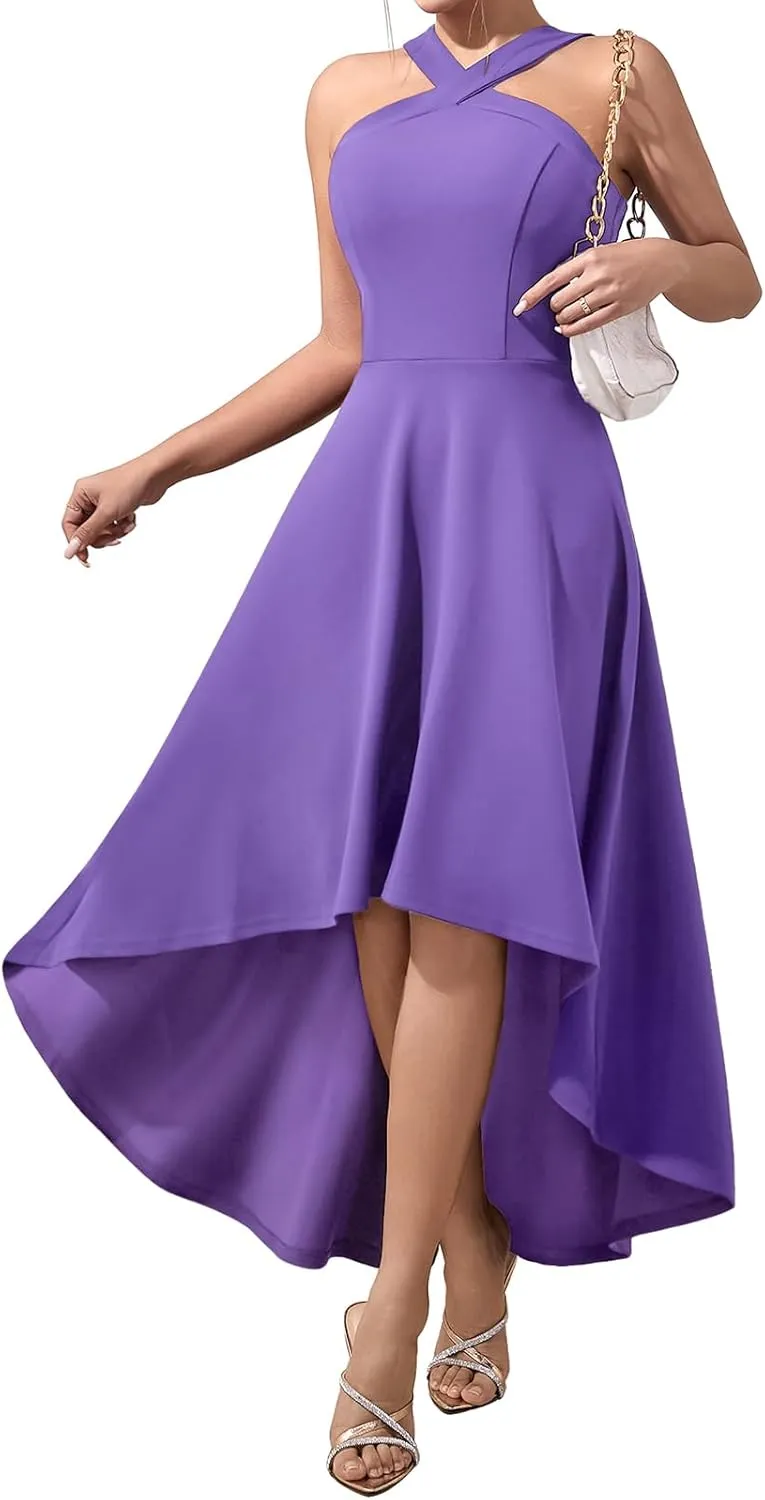 DRESSTELLS Women Cocktail Formal Dresses 2025 Summer Wedding Guest Halter High Low Party Dress