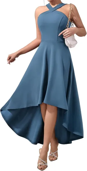 DRESSTELLS Women Cocktail Formal Dresses 2025 Summer Wedding Guest Halter High Low Party Dress