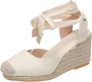 Espadrilles Wedge Sandals for Women Platform Closed Toe Ankle Strap Lace Up Summer Sandals Arch Support Walking Sandal Comfortable Orthopedic Slippers Dressy Beach Slippers