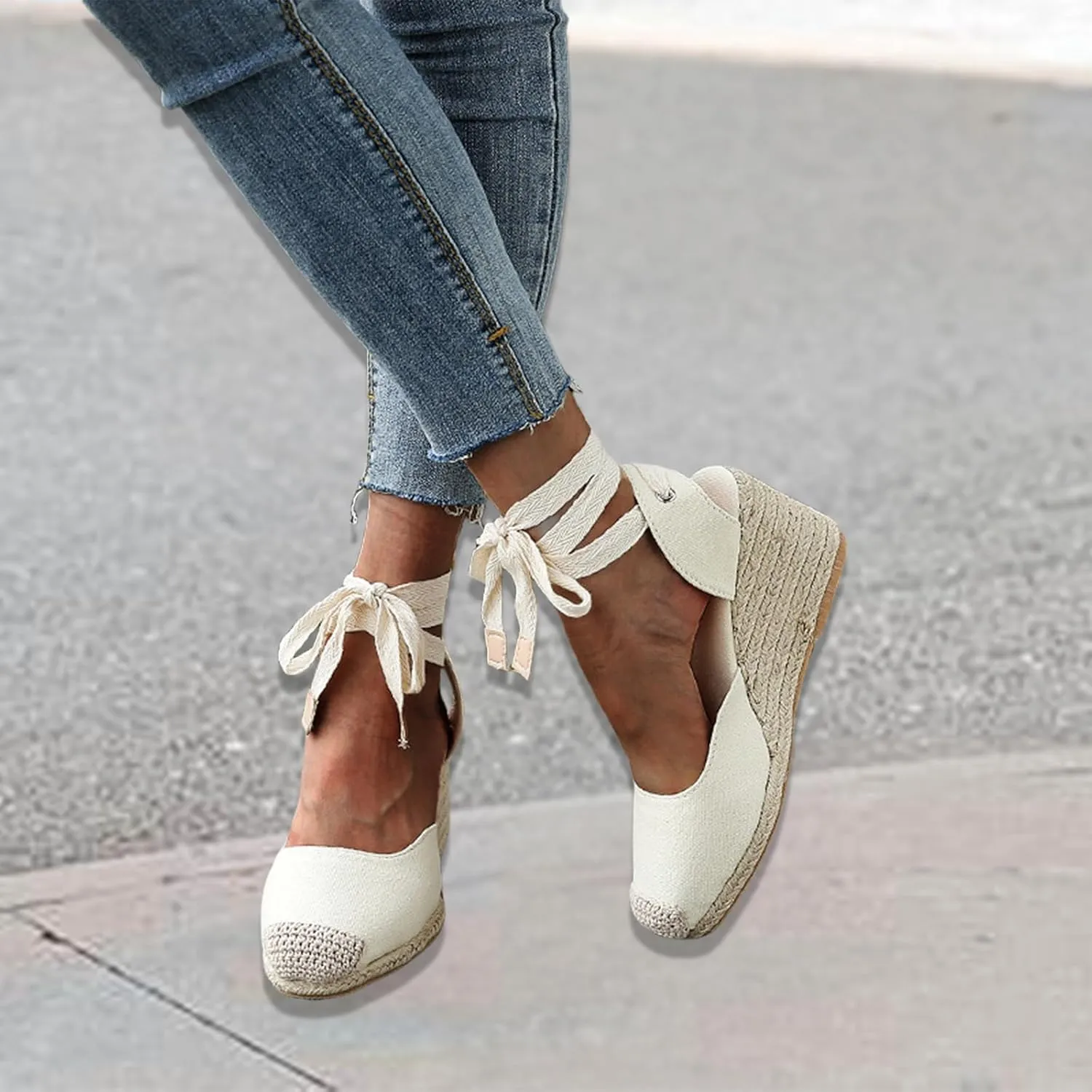 Espadrilles Wedge Sandals for Women Platform Closed Toe Ankle Strap Lace Up Summer Sandals Arch Support Walking Sandal Comfortable Orthopedic Slippers Dressy Beach Slippers