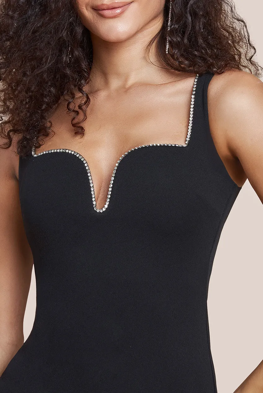Goddiva Embellished Diamante Trim Square Neck Scuba Maxi Dress