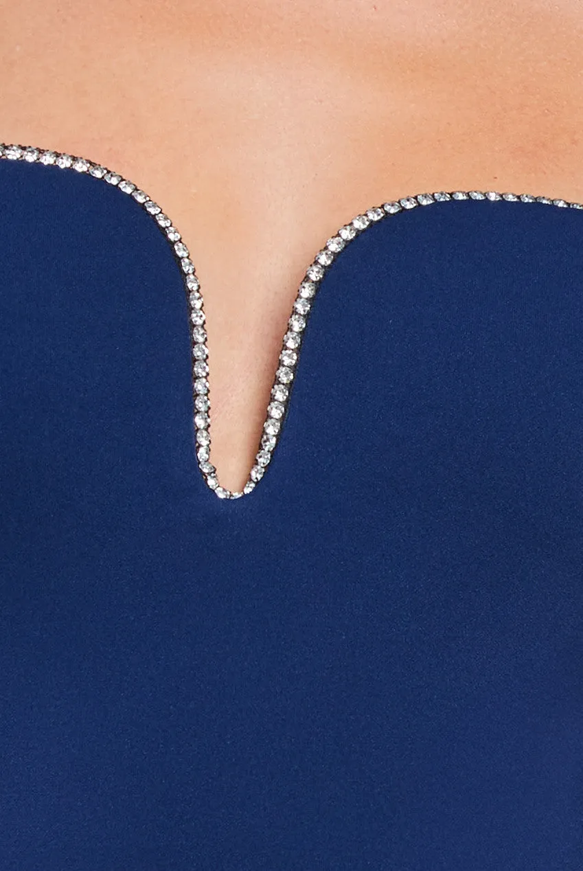 Goddiva Embellished Diamante Trim Square Neck Scuba Maxi Dress