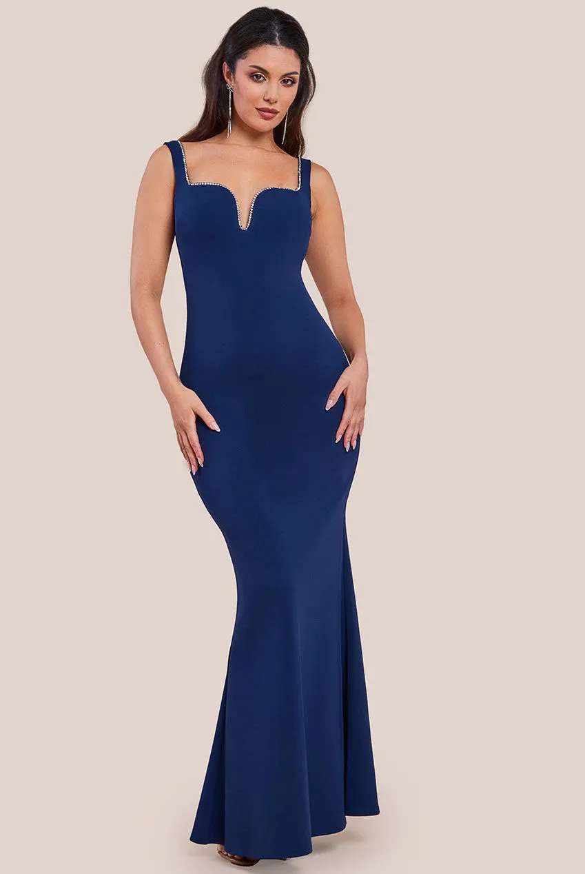 Goddiva Embellished Diamante Trim Square Neck Scuba Maxi Dress