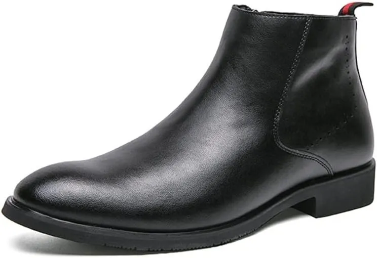 HOOENG Chelsea Boots for Men Round Toe Simple Leather Slip On Waterproof Wearable Dress