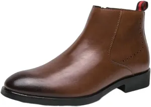 HOOENG Chelsea Boots for Men Round Toe Simple Leather Slip On Waterproof Wearable Dress