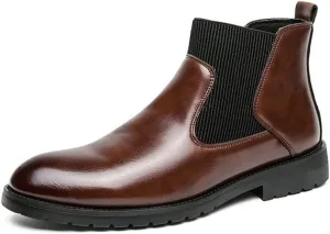 HOOENG Round Toe Ankle Boots for Men Round Round Toe Simple PU Leather Non Slip On Waterproof Anti-Slip Wearable Dress