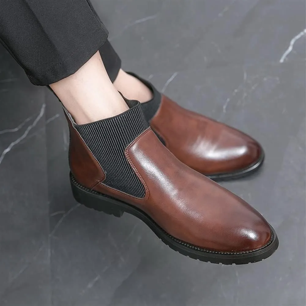 HOOENG Round Toe Ankle Boots for Men Round Round Toe Simple PU Leather Non Slip On Waterproof Anti-Slip Wearable Dress