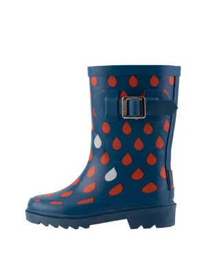KID’S BUCKLE RUBBER RAIN BOOTS NAVY & RED RAINDROPS