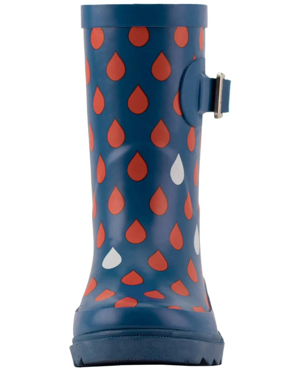 KID’S BUCKLE RUBBER RAIN BOOTS NAVY & RED RAINDROPS