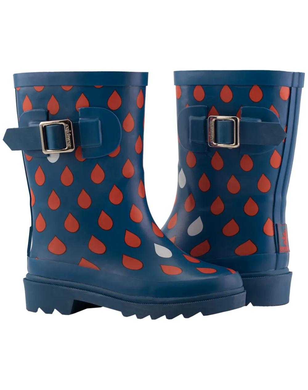 KID’S BUCKLE RUBBER RAIN BOOTS NAVY & RED RAINDROPS