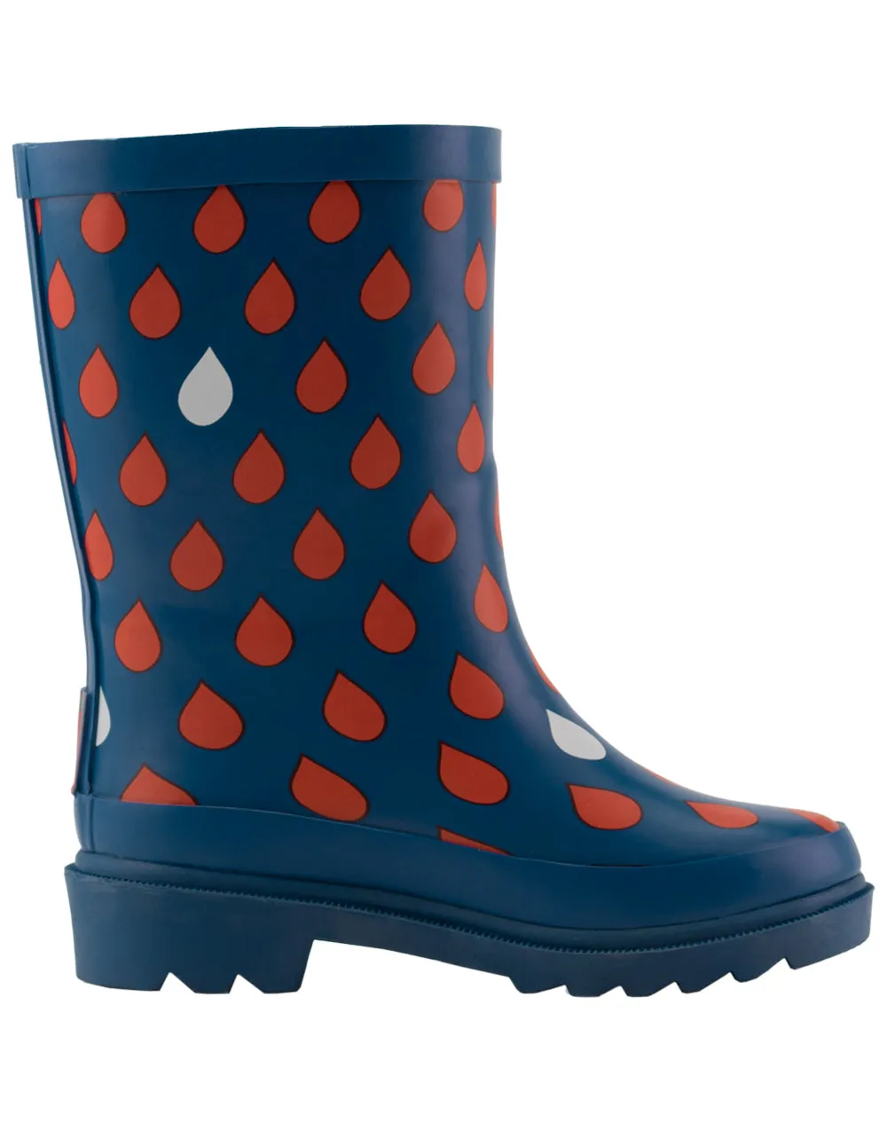 KID’S BUCKLE RUBBER RAIN BOOTS NAVY & RED RAINDROPS