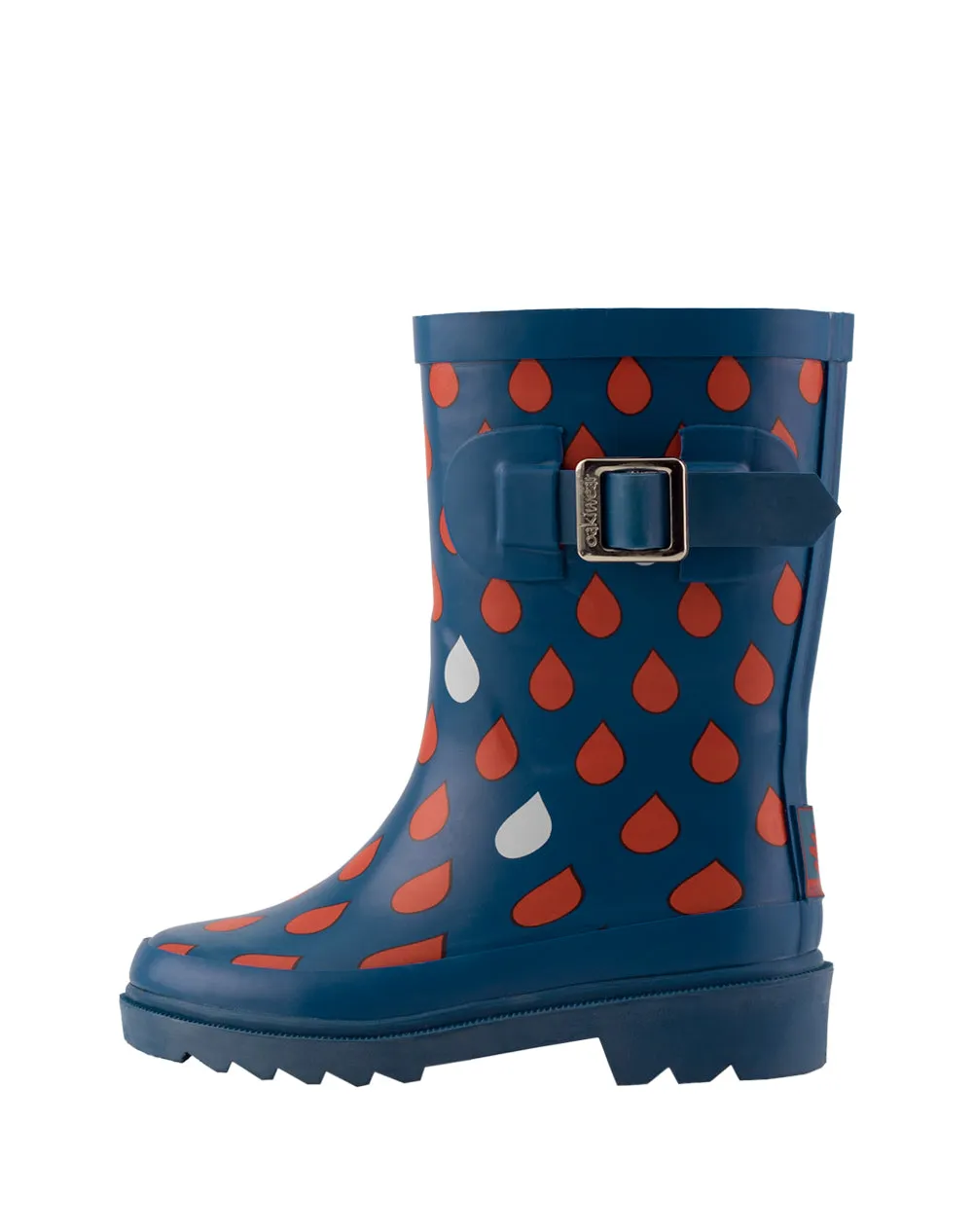 KID’S BUCKLE RUBBER RAIN BOOTS NAVY & RED RAINDROPS