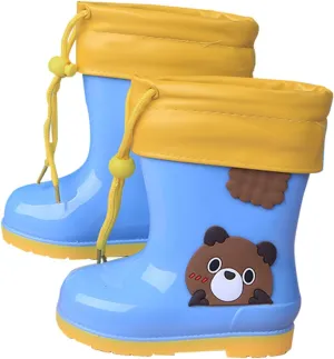 Kids Fleece Lined Rain Boots Boys Girls Winter Plush Rain Boots Cute Teddy Bear Printed Warm Lightweight Rainboots