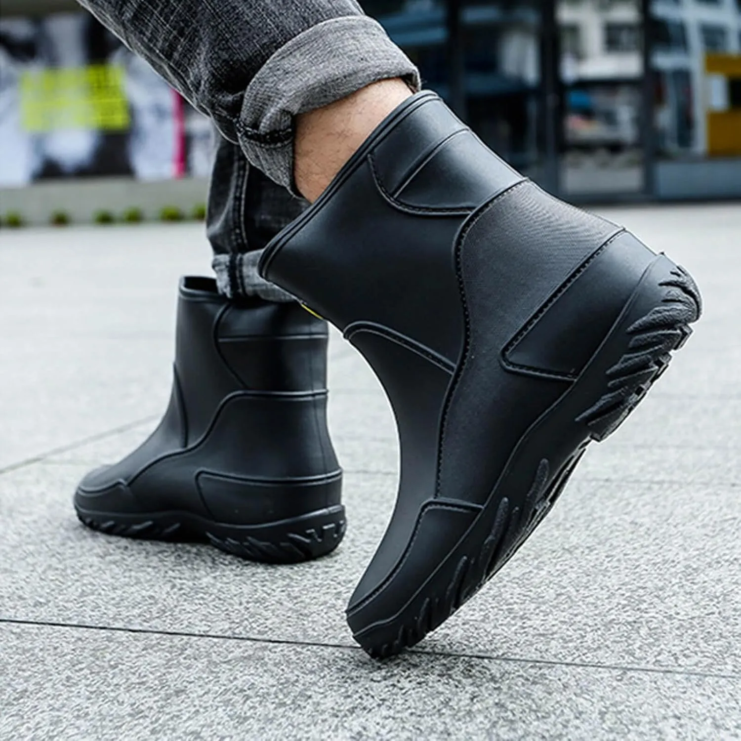 Men's rain boots, waterproof rain boots, mid-calf, fashionable outer water shoes, velvet for warmth, rubber shoes