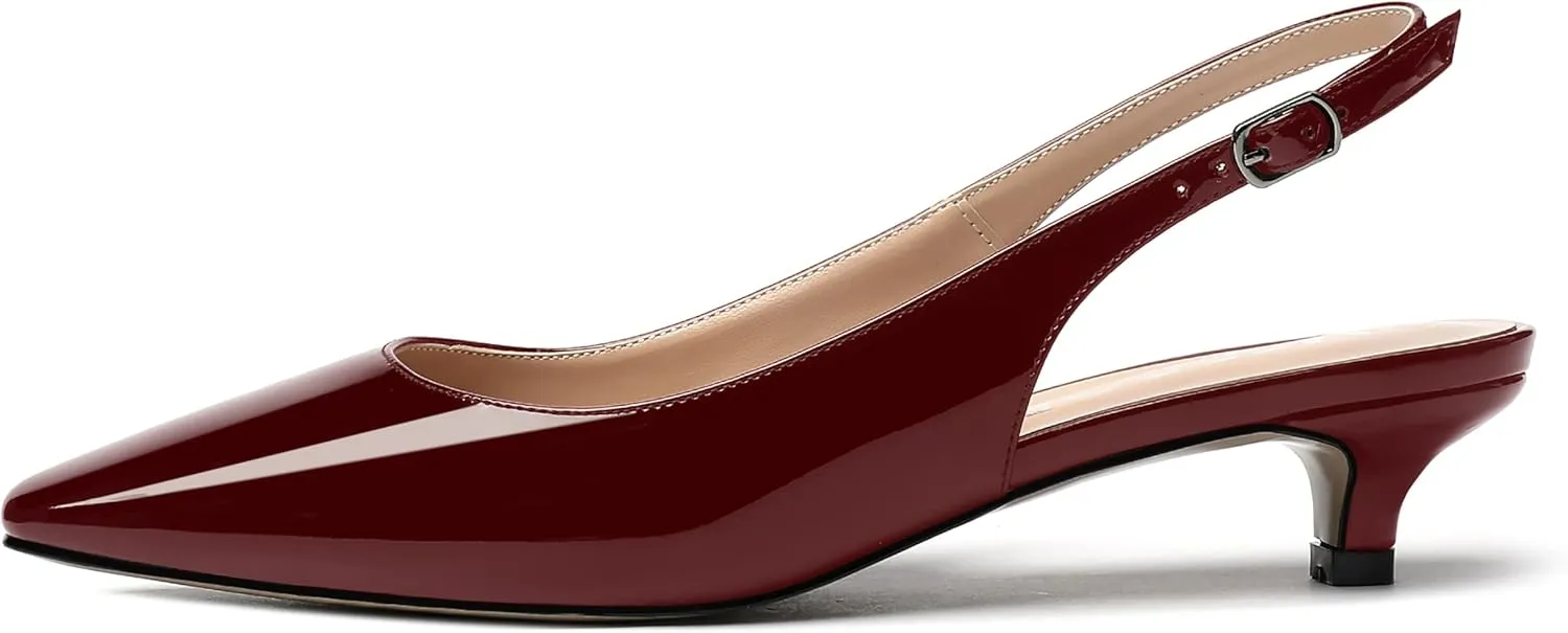 MERRORI Women's Slingback Buckle Patent Square Toe Kitten Low Heel Pumps Business Work Dress Shoes 1.5 Inch