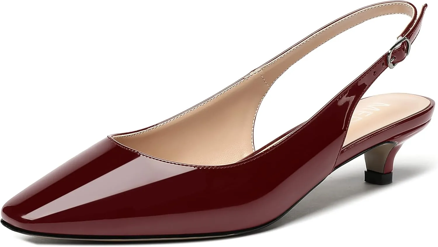 MERRORI Women's Slingback Buckle Patent Square Toe Kitten Low Heel Pumps Business Work Dress Shoes 1.5 Inch