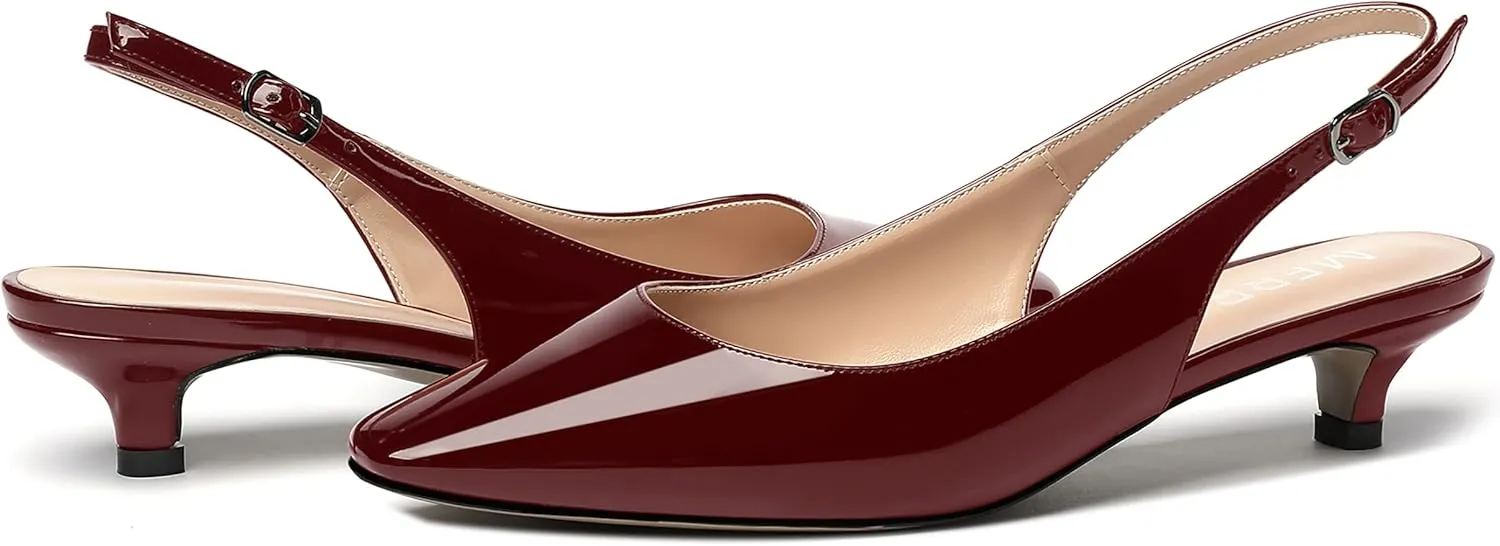 MERRORI Women's Slingback Buckle Patent Square Toe Kitten Low Heel Pumps Business Work Dress Shoes 1.5 Inch