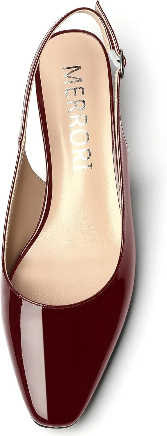 MERRORI Women's Slingback Buckle Patent Square Toe Kitten Low Heel Pumps Business Work Dress Shoes 1.5 Inch