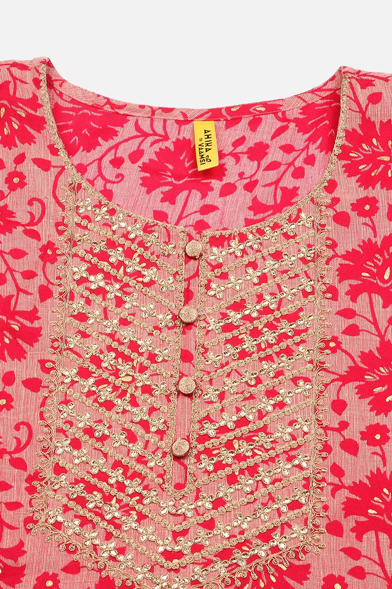 Pink Silk Blend Printed Straight Suit Set