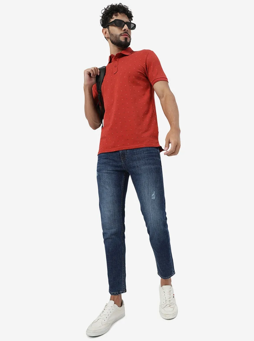 Rust Printed Slim Fit Polo T-Shirt | JadeBlue