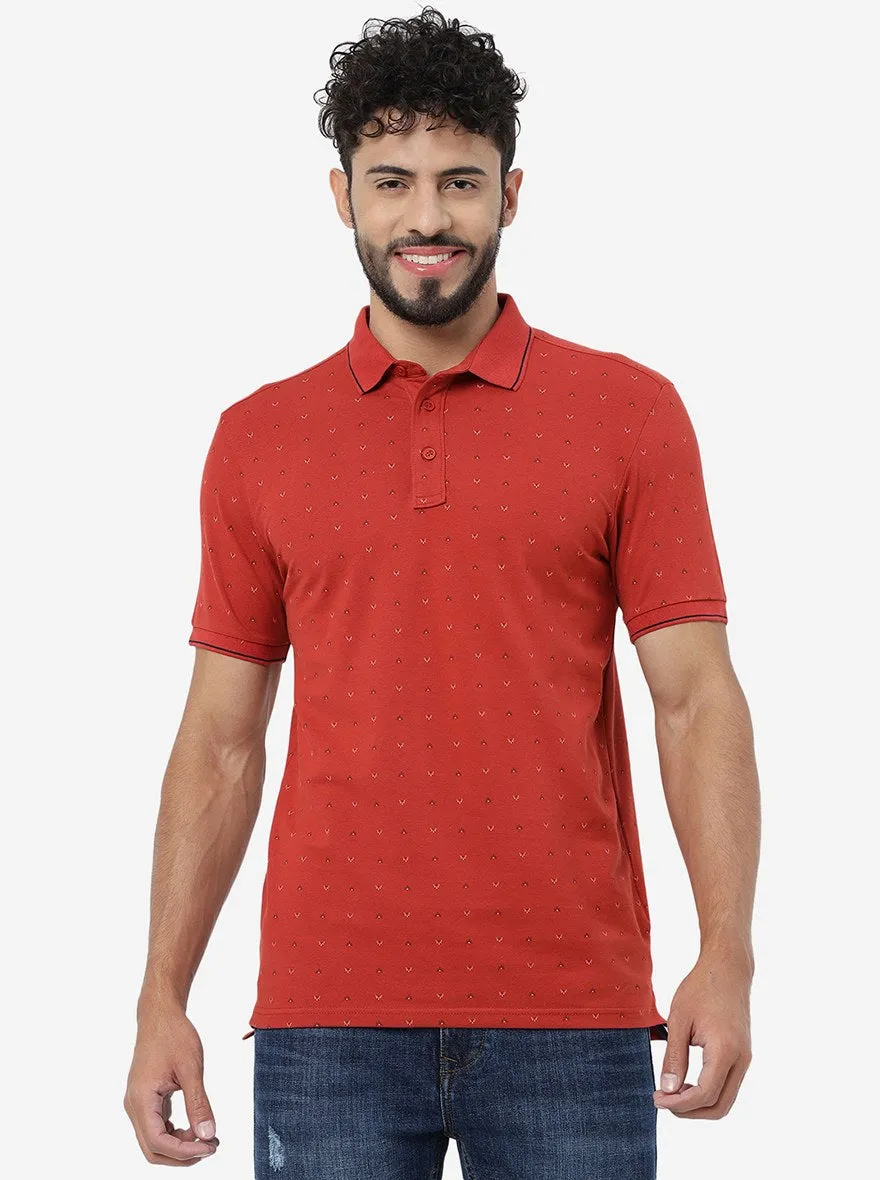 Rust Printed Slim Fit Polo T-Shirt | JadeBlue