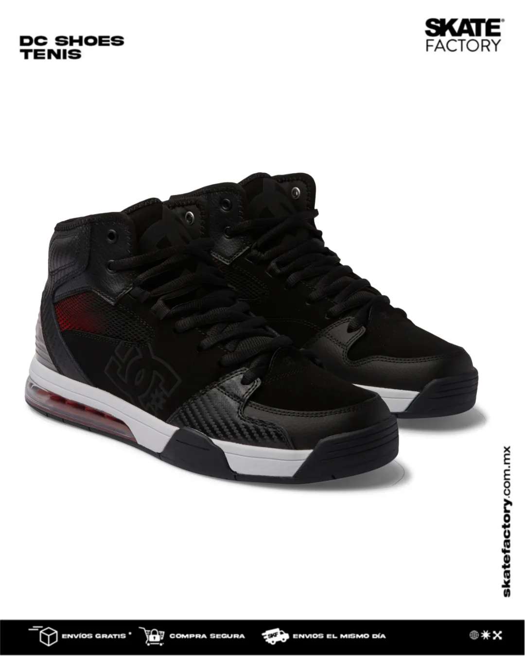 TENIS DC SHOES CABALLERO VERSATILE HI NEGRO ROJO