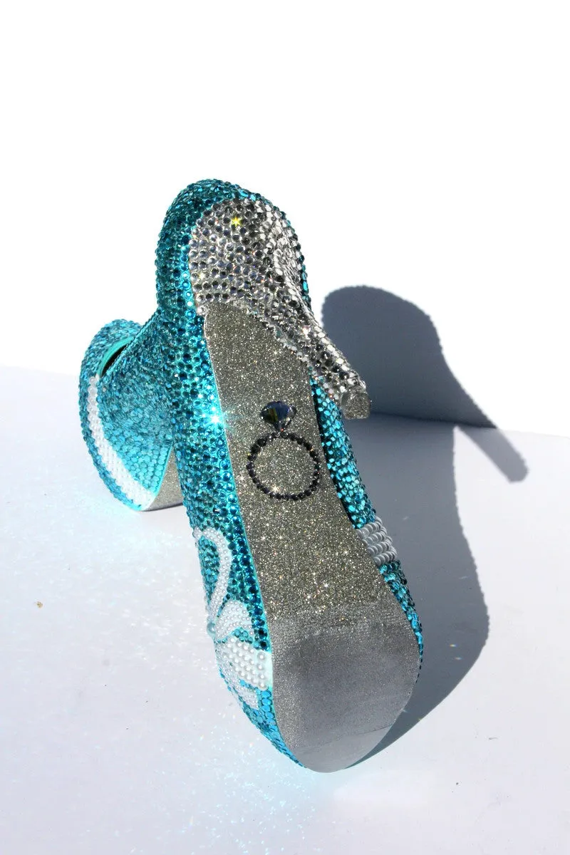 Tiffany Blue Wedding Shoes with pearl bows and crystal heels