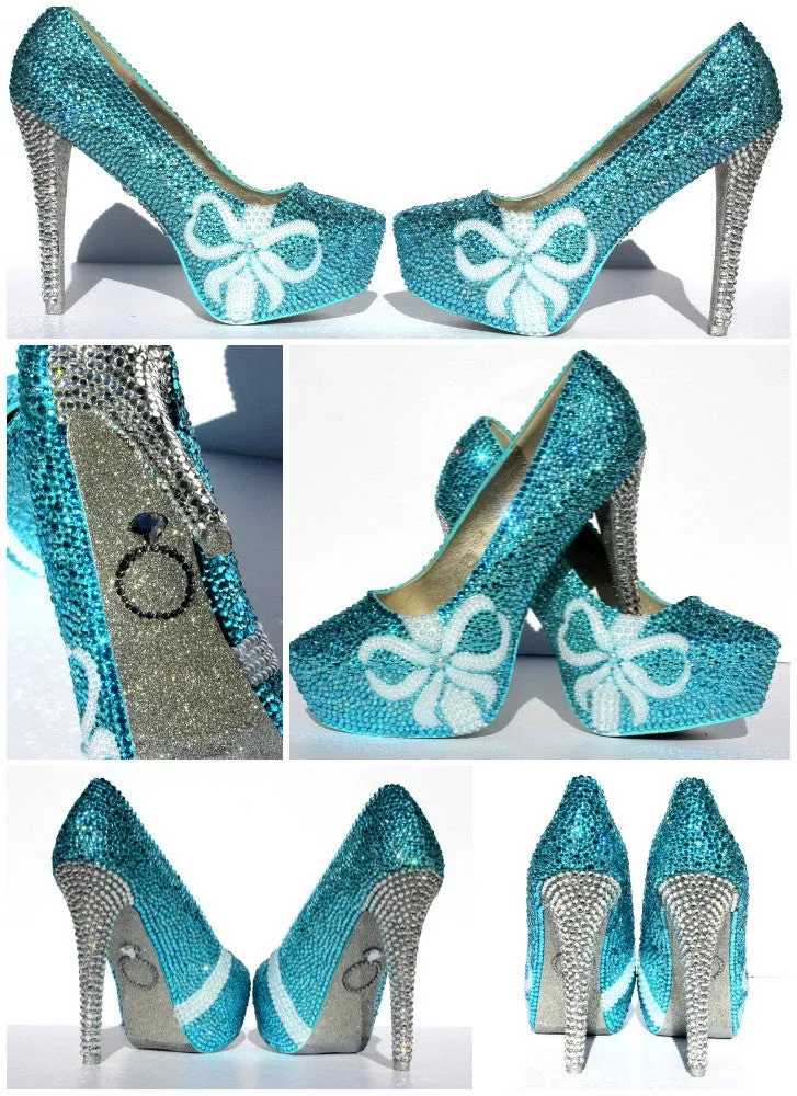 Tiffany Blue Wedding Shoes with pearl bows and crystal heels