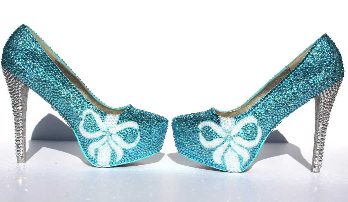 Tiffany Blue Wedding Shoes with pearl bows and crystal heels