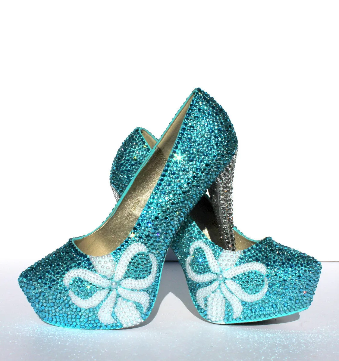 Tiffany Blue Wedding Shoes with pearl bows and crystal heels