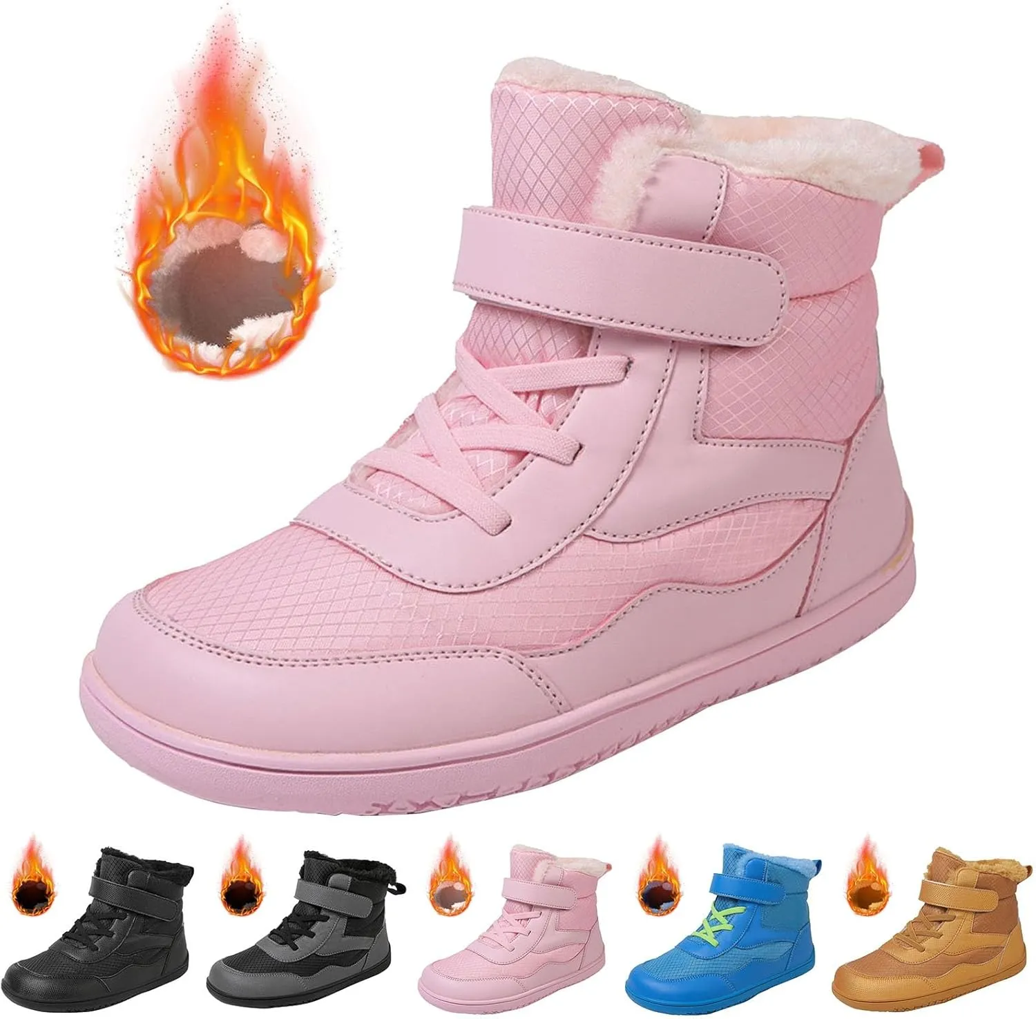 Toddler Boys Girls Winter Snow Barefoot Boots with Wide Toe Box Slip Drop Sole Ankle Boots Hiking Fur Lined Winter Boots