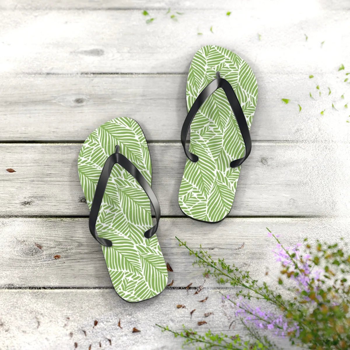 Tropical Leaf Print Flip Flops  Custom Green Summer Sandals
