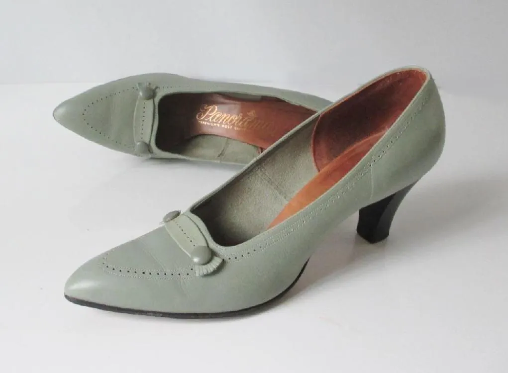 Vintage 60s Mint Green Loafer Stacked Heels Shoes 7 - 7.5