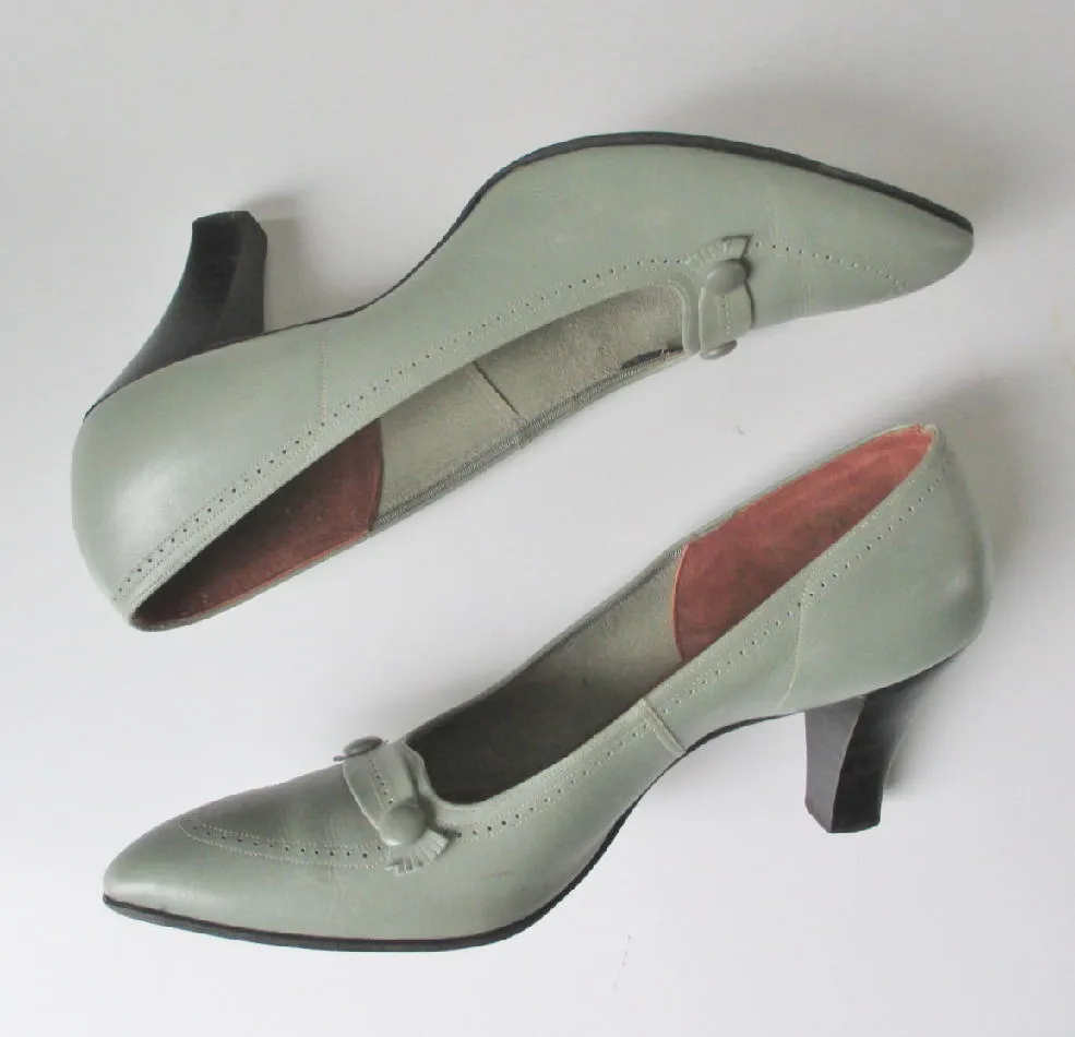 Vintage 60s Mint Green Loafer Stacked Heels Shoes 7 - 7.5