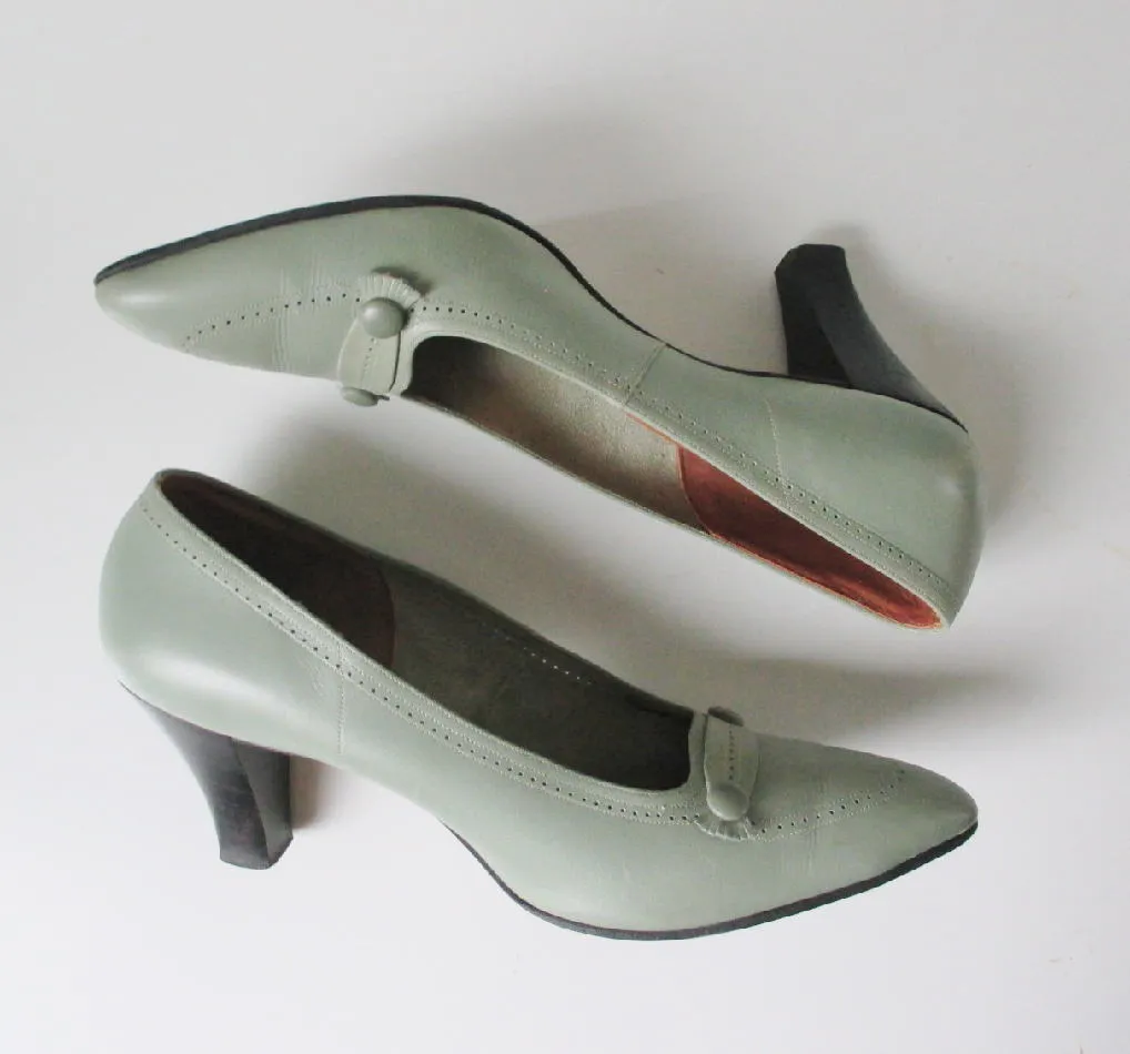 Vintage 60s Mint Green Loafer Stacked Heels Shoes 7 - 7.5