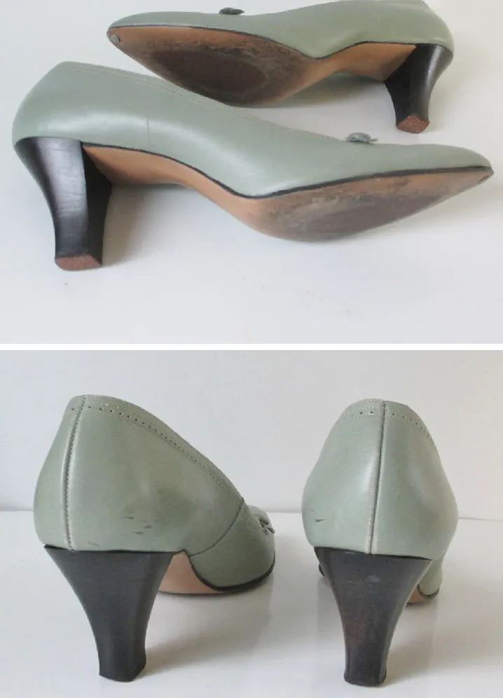 Vintage 60s Mint Green Loafer Stacked Heels Shoes 7 - 7.5