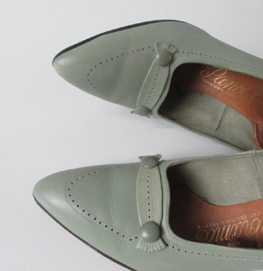 Vintage 60s Mint Green Loafer Stacked Heels Shoes 7 - 7.5